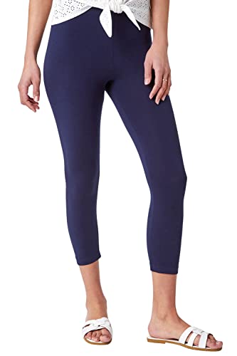 Roman Cropped Legging for Women UK Ladies Capri Pants Stretch Crop Trouser Yoga Gym Shorts Cotton Elasticated High Waist 3/4 Length Sports Workout Regular Plus Size - Navy - Size 16