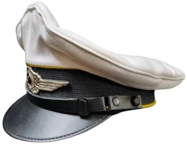 Military Style Luftwaffe Visor Cap, White and Black, NCO Officer Hat with Metal Badge