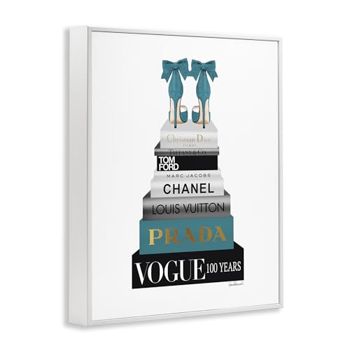 Image of Stupell Industries 'Turquoise Heels on Bookstack', Framed Giclee Art, White, 11 x 14 Inches, Easy to Hang and Sturdy, Made in USA, by Amanda Greenwood