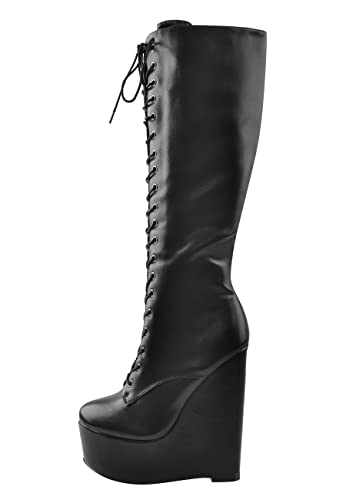 richealnini Women's Wedge Heel Knee High Boots with Lace Front Tie Up Wide Calf Booties