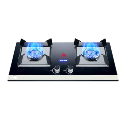 ガスストーブ 2 バーナー、4.8KW 強化ガラス鋳造銅ガスストーブ、LPG/NG 変換ストーブ、フレームアウト保護とタイマー付き、家庭用 RV およびキャンプ用(NG)