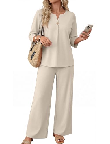 WIHOLL Two Piece Sets for Women 3/4 Length Sleeve Lounge Sets Summer Spring Beach Vacation Travel Cruise Airport Outfits Matching Women Fashion Clothing Wide Leg Pants Set Plus Size Beige XL
