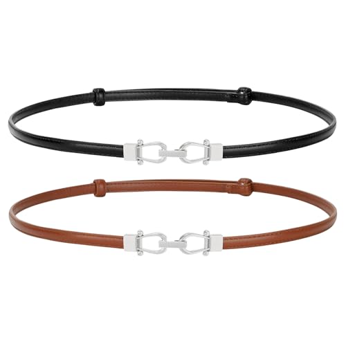 Image of JASGOOD Leather Skinny Belts for Women Plus Size Ladies Thin Waist Belts Adjustable for Jeans Pants Dresses with Gold Buckle