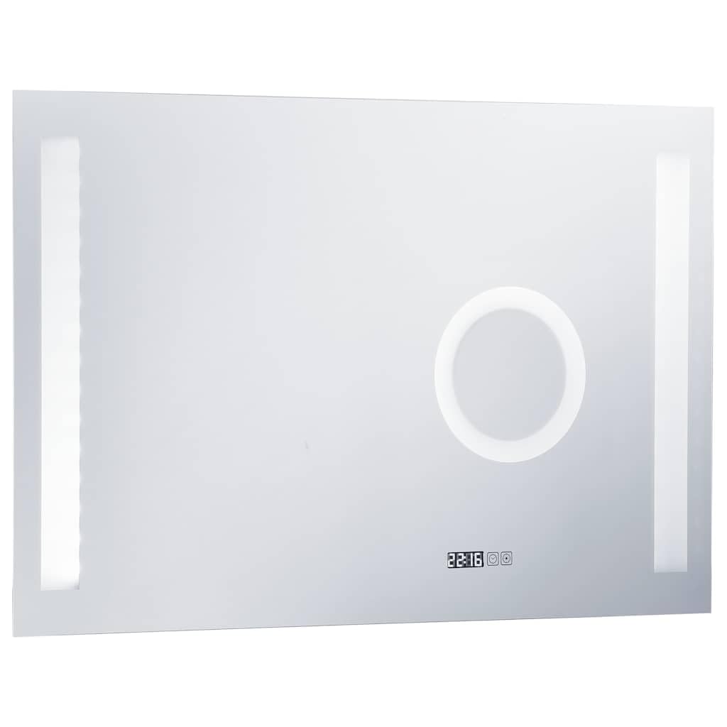 Lustro łazienkowe LED, czujnik dotykowy, 100 x 60 cm, srebrne szkło, aluminium, oświetlenie 12 W, ochrona IP44 i wyświetlanie czasu, w zestawie lusterko powiększające do makijażu i golenia