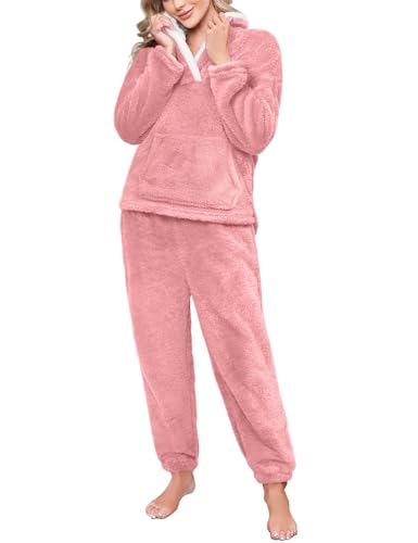 Yuson Girl Pigiama Donna Invernale Pigiami Pile Set Caldo Felpato Pigiama Lungo Morbido Due Pezzi Felpa e Pantalone Sets Manica Lunga Lounge Sleepwear Casual da Casa con Tasche(Rosa, M)