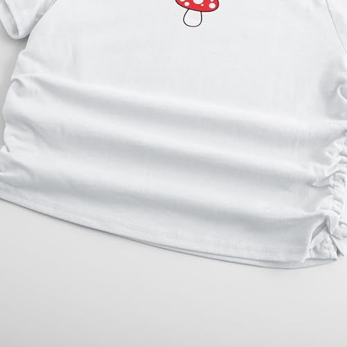 Image of Girl's Graphic Crop Top Summer Tee Drawstring Side Tie Knot Hem Round Neck Short Sleeve T-Shirts