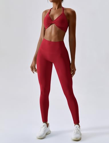 Image of ABOCIW Workout Sets for Women Twist Front Halter Sports Bras High Waist Legging 2 Piece Exercise Gym Yoga Outfit