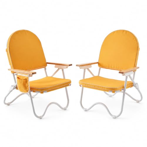 Image of 4-Position Padded Beach Chair Set of 2, Low Backpack Beach Chair | Wooden Armrests & Foldable Design, Side Pocket & Zippered Rear Pouch, Harbour Mimosa