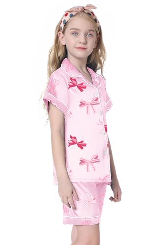 Image of Umeyda Women & Girls Pajamas Set, Soft Satin Lightweight Silk Button-Down Top with Shorts 2 Piece PJS for Mom Boys Kids Gifts