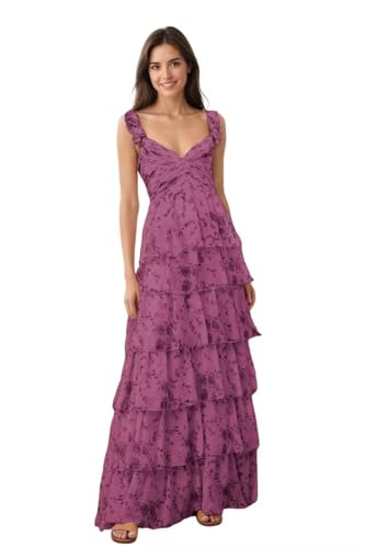 Tiered Floral Chiffon Bridesmaid Dresses 2025 Ruffle A Line Formal Prom Evening Gown W27