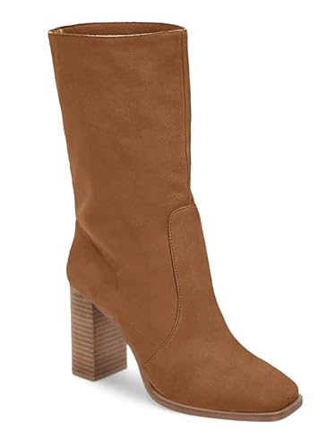 Juliet Holy Women’s Mid-calf Boots Chunky Stacked Heel Square Toe Side Zipper Slip-on Suede Winter Booties