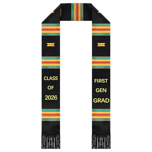 Geyoga Frist Gen Grad Graduation Stole Kente Stole Black Authentic African Art 72 x 4.8 for Adult College Unisex Grads Celebrate
