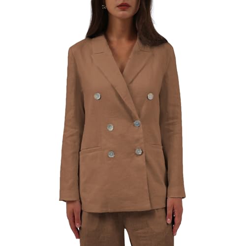 Amazhiyu Womens Pure Linen Double-Breasted Notched Long Sleeve Blazer with Pockets