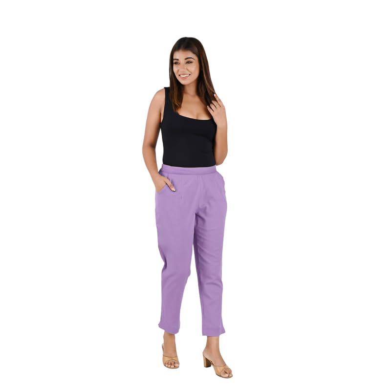 Image of Women's Solid Straight Fit 100% Cotton Trousers | High Waist, Side Pockets, Ankle Length Pants for Office, Casual