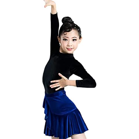 ZLZNX Girls Latin Dance Skirt Ballroom Salsa Tango Skirts Kid Child Lace Latin Dance Dress with Leotard And Skirt,01,140 Cover