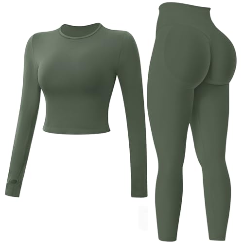 JN JANPRINT Nahtlose Fitness-Sets für Damen, 2-teilig, langärmelig, Top, versteckte Scrunch-Leggings, Yoga-Outfits, Trainingsanzug, olivgrün, 38