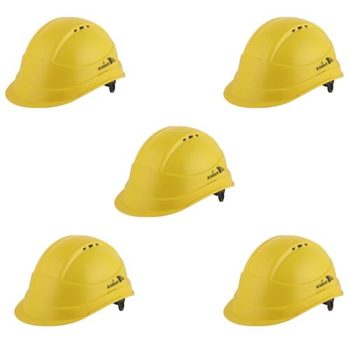 Image of KARAM PN542 Safety Helmet for Men Industrial| Ratchet Type Adjustment with Adjustable Chin Strap | Ventilation & Side Slot for Attachment | EN Certified Hard Hat | Lemon Yellow (Pack of 5)