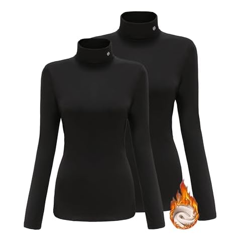 SSLR-2 Pack Thermal-Shirts for-Women-Turtleneck Long Sleeve Tops Fleece Lined Winter Slim Fitted Mock Neck Base Layer(Large, Full Black) Cover