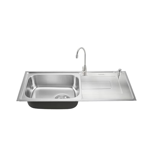 Image of Hindware Kitchen Sink 39.4 inchx19.7 inchx8.6 inch |304 Grade Stainless Steel|Handmade Single Bowl Sink with Accessories includes- Soap Dispanser, Pullout Faucet, Bottle Trap Connector & Chopping Board (Rodrigo)