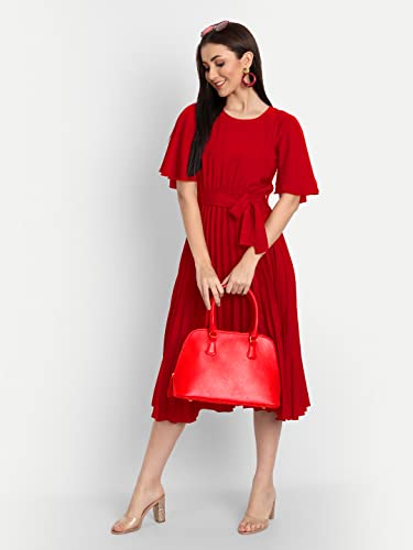 Image of KUDUZO Women's Crepe Long Pleated Below Knee Length Flutter Sleeve Round Neck S to XL Maxi Dress for Girls. (EG-U0IM-B9A1)