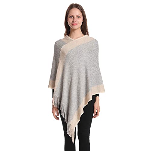 Image of Women's Elegant Knitted Shawl Poncho with Fringed V-Neck Striped Sweater Pullover Cape Gifts for Women Mom