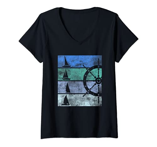Womens Sailing Boat Sailor Nautical Ship Rudder V-Neck T-Shirt, Black