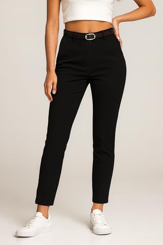 Kendindza Chino Damen Hose Stretch mit Gürtel Stoffhose Damen elegant lang Stretchhose weiches Material Schwarz M