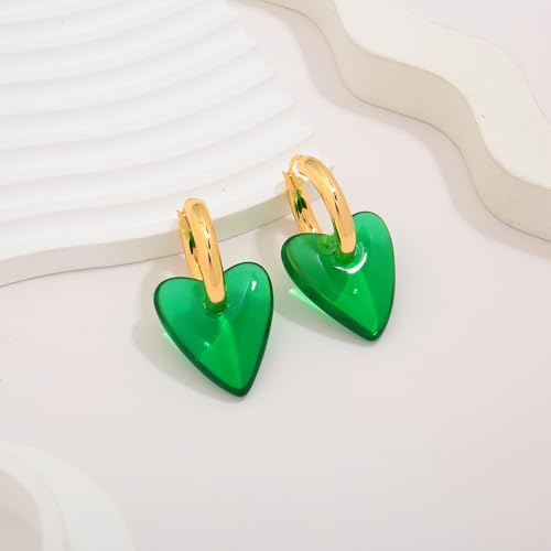 WOWORAMA Acrylic Resin Earrings for Women Green Red Heart Hoop Earrings Convertible Gold Chunky Hoops Lightweight Statement Dangles Earring