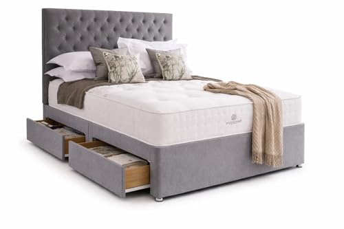 CALISMA Designer Toro Plush Memory Spring Foam Divan Bed Set With Mattress 2 Drawers (Same Side) and Headboard (Steel Plush Velvet 4FT6 Double)
