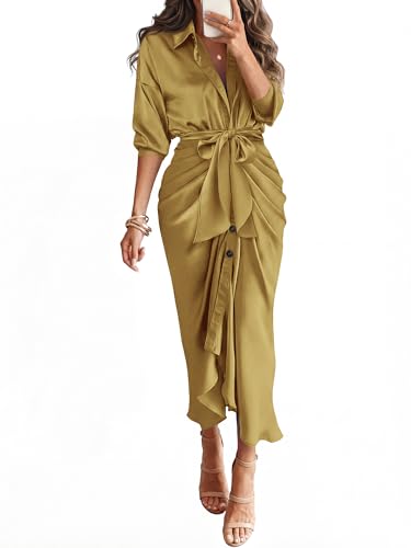 BTFBM Maxi Dresses for Women Fall 2025 Long Sleeve Lapel Neck Button Down Elegant Satin Belted Ruched Summer Shirt Dress