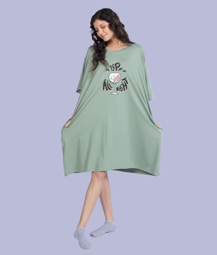 Image of LAMA STORE Women's Printed Oversized T-Shirt Dress, Cotton, 3 /4 Sleeve Length, Casual Loose Fit, Comfort Wear Extra Comfy Oversized Printed Pocket T-Shirt Dress