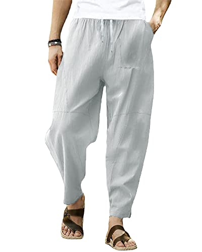 YAOBAOLE Cotton Linen Trousers Men Casual Drawstring Linen Pant Light Gray L