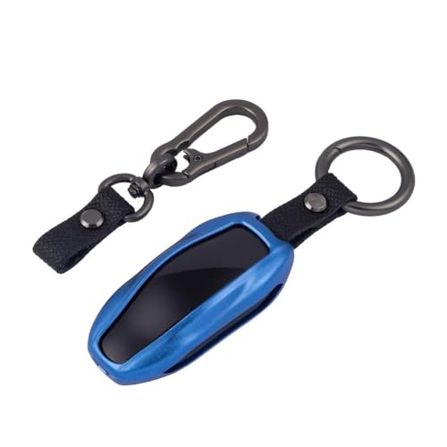 Premium Tesla Key Fob Cover for Model S & Model 3/Model X - Aircraft Aluminum Flip Key Protection Case with Leather Keychain - Keyfob Holder Compatible with Tesla (Model S & Model 3, Blue)