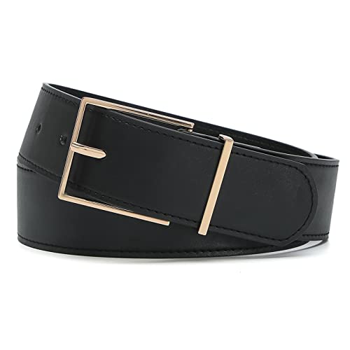 Tanpie Women Wide Waist Belt for Dresses Jeans with Gold and Silver Buckle Black Large