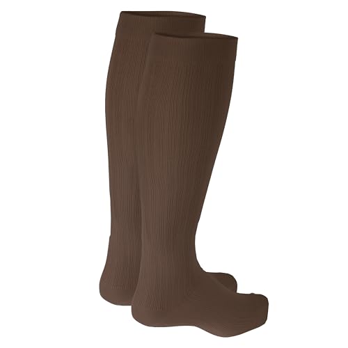 Image of NuVein Men's Compression Socks, 30-40 mmHg Support, Dress Trouser Style, Over Calf Knee High, Brown, Large