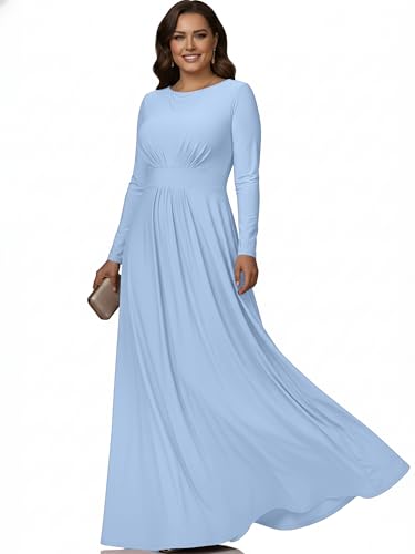 KOH KOH Womens Long Full Sleeve Sleeves Flowy Empire Waist Fall Winter Modest Formal Floor Length Abaya Muslim Bridesmaid Bridal Gown Gowns Maxi Dress Dresses, Powder Light Blue L 12-14