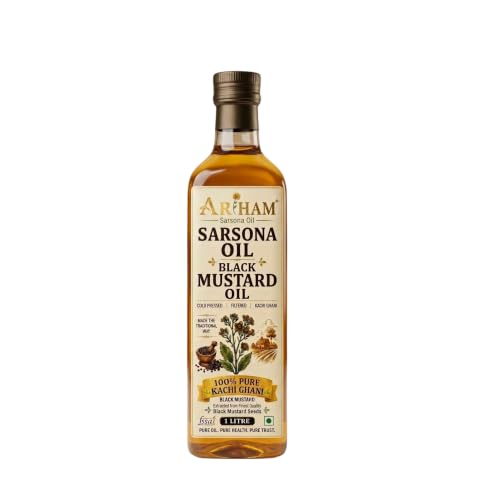 Image of Sarsona Oil Arham Sarsona Black Mustard Oil 1L | Cold Pressed Kachi | Ghani Sarson Ka Tel | 100% Pure, Unrefined, Lab Tested | No Chemicals, No Preservatives | Rich in Omega 3 & 6 | Pack of 1