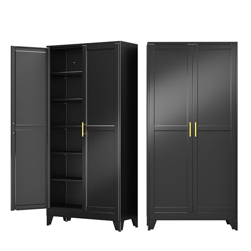 AUEYTVR 75 Metal Garage Storage Cabinet with 2 Doors and 5 Adjustable Shelves Metal Storage Cabinets Steel Tool Cabinets for Home Office Garage Warehouse (Black 75H x 36W x 18D)