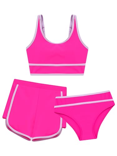 Yhong Conjunto de bikini de 3 piezas para niña con pantalones cortos de cintura alta, Rosa brillante., 134-140
