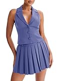 Cicy Bell Womens Summer 2 Piece Outfits V Neck Blazer Vest Matching Sets and Mini Pleated Skirts Blue