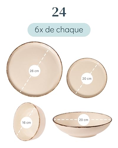 Image of Stoneware dinnerware set 6 persons Rustic 24 pcs - High quality Mediterranean stoneware dinnerware set - bowl and plate set - dinner service 6 persons - Pure Living dinnerware sets in beige
