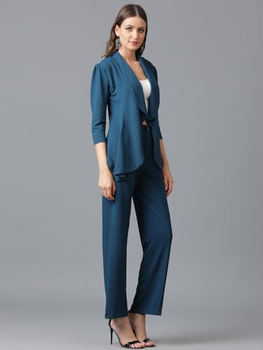 KOTTY Women's Solid Relaxed Fit 3/4 Sleeve Co-ord Blazer and Trouser Set. Teal Green