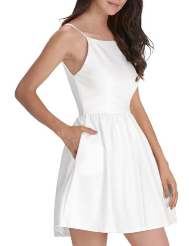 FANCYINN Sommerkleid Damen Kurz Leicht Spaghettiträger Kleid Sommer Kleider Strand Skaterkleid Minikleid Weiß M