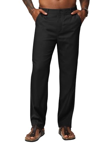 AVICHIC Mens Linen Pants Casual Breathable Linen Dress Pants Summer Beach Work Trousers 30 Black 33W x 30L