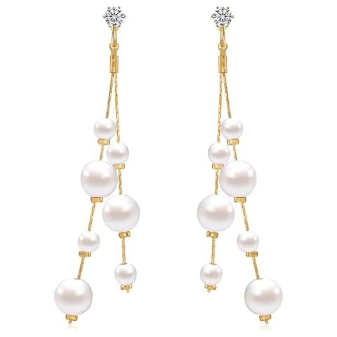 Dckazz Pearl Earrings for Women Dangling Pearl Drop Dangle Earrings Long Pearl Statement Earrings Elegant Dangly Chandelier Earrings Prom Wedding Cover