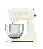 Smeg, Impastatrice Planetaria SMF03CREU, 10 Livelli di Velocità, Funzione Smooth Start, Ciotola da 4,8 L, Sicurezza Blocco Motore, 3 Fruste, Gancio e Coperchio in Dotazione, 800W, Panna