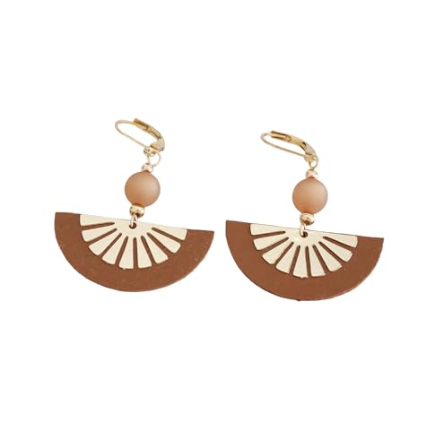 Boucles d'oreilles demi-lune en cuir marron artisanal dore de qualite