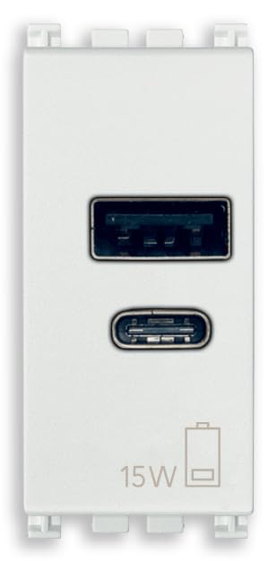 Vimar 19292.AC.15.B Arké Alimentatore USB 15 W 3 A 5 V per dispositivi elettronici, uscite USB A e USB C