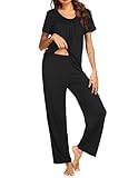 Ekouaer Pajama Set for Women 2 Piece Sleepwear Short Sleeve Pleated Top and Long Pants Soft Pjs Loungewear with Pockets Black
