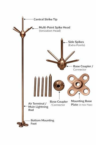 Image of Pure Copper Lightning Arrester with 5 Spikes, 9.2mm Diameter, 980mm Length, 85mm Base Plate for Building and Home Protection from Lightning